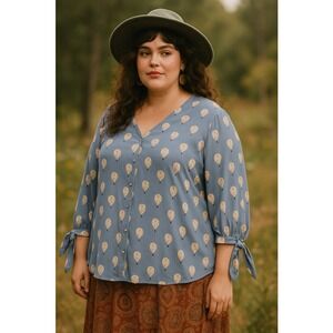 41 Hawthorn Blue Hot Air Balloon Print Blouse 2X Tie‎ Sleeve Novelty Twee Modest